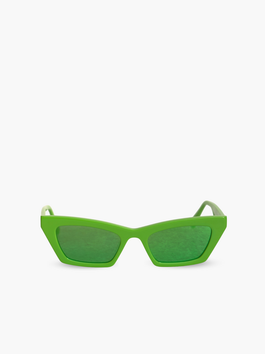 Occhiali da sole Modello Bold Neon Lime: montatura color verde acido con lenti specchiate con riflesso verde*.  Unisex e adatto alla maggior parte delle forme del viso. Le lenti sono antiriflesso e con protezione UV.